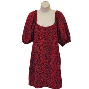 Free People Sunset Textured Red/Blue Puff Sleeve Mini Dress,Medium